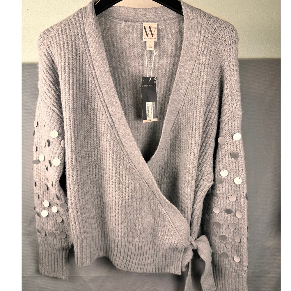 Womens Wrap Cardigan Sweater Light Gray Sequins Long Sleeve Tie Waist Large
